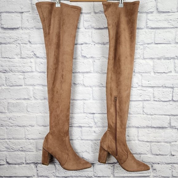 BAMBOO Showtime Women's Size 10 Camel Beige Over the Knee Block Heel Boots - Picture 1 of 11
